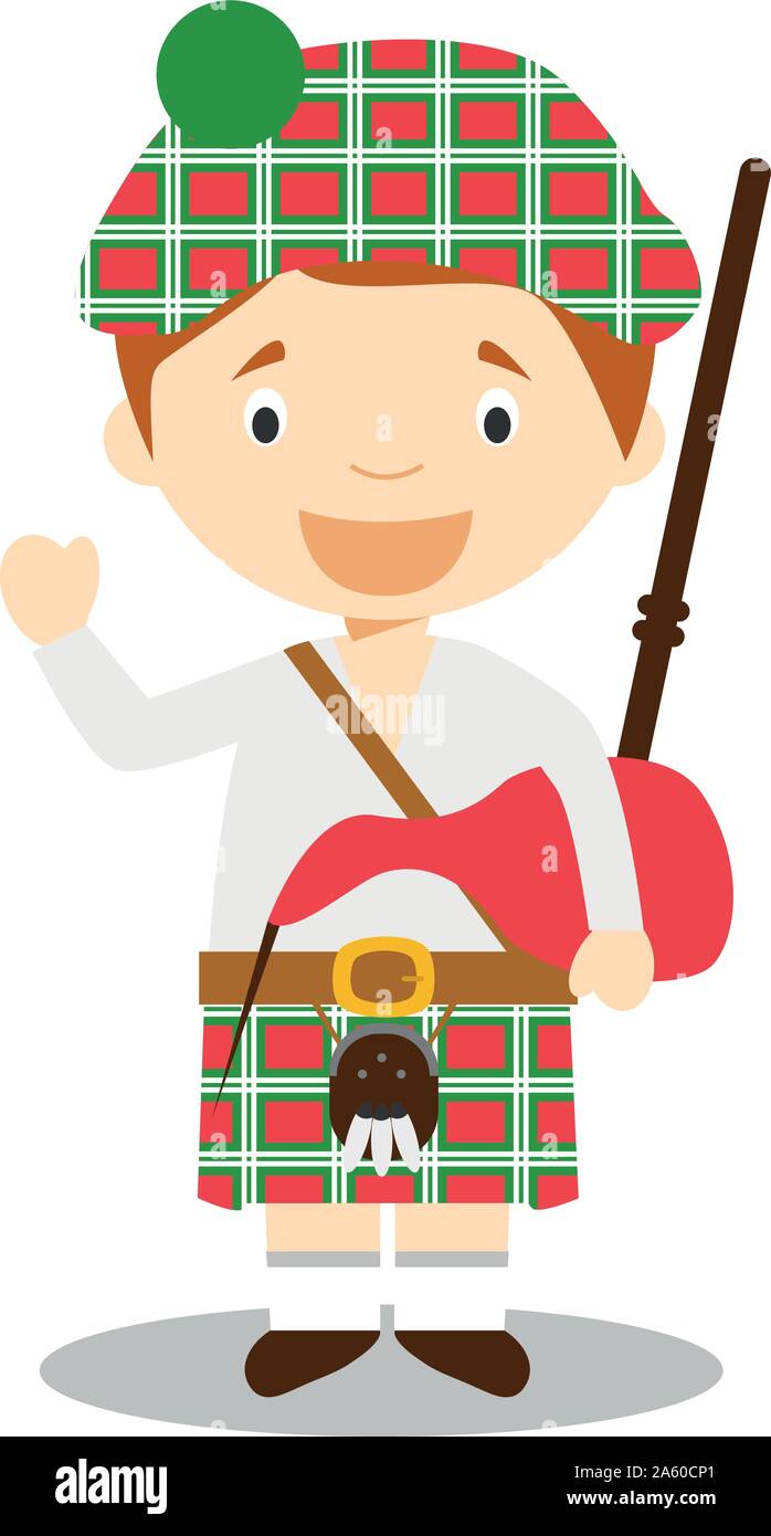 Caractère à partir de l'Écosse habillé de manière traditionnelle avec kilt et cornemuse. Vector Illustration. Les enfants du monde. Illustration de Vecteur