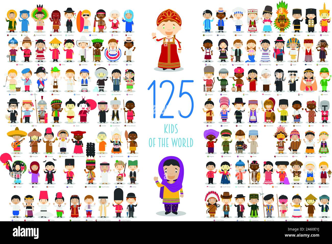 Enfants du Monde Personnages Vecteur Collection : Ensemble de 125 enfants de différentes nationalités dans un style de dessin animé. Illustration de Vecteur