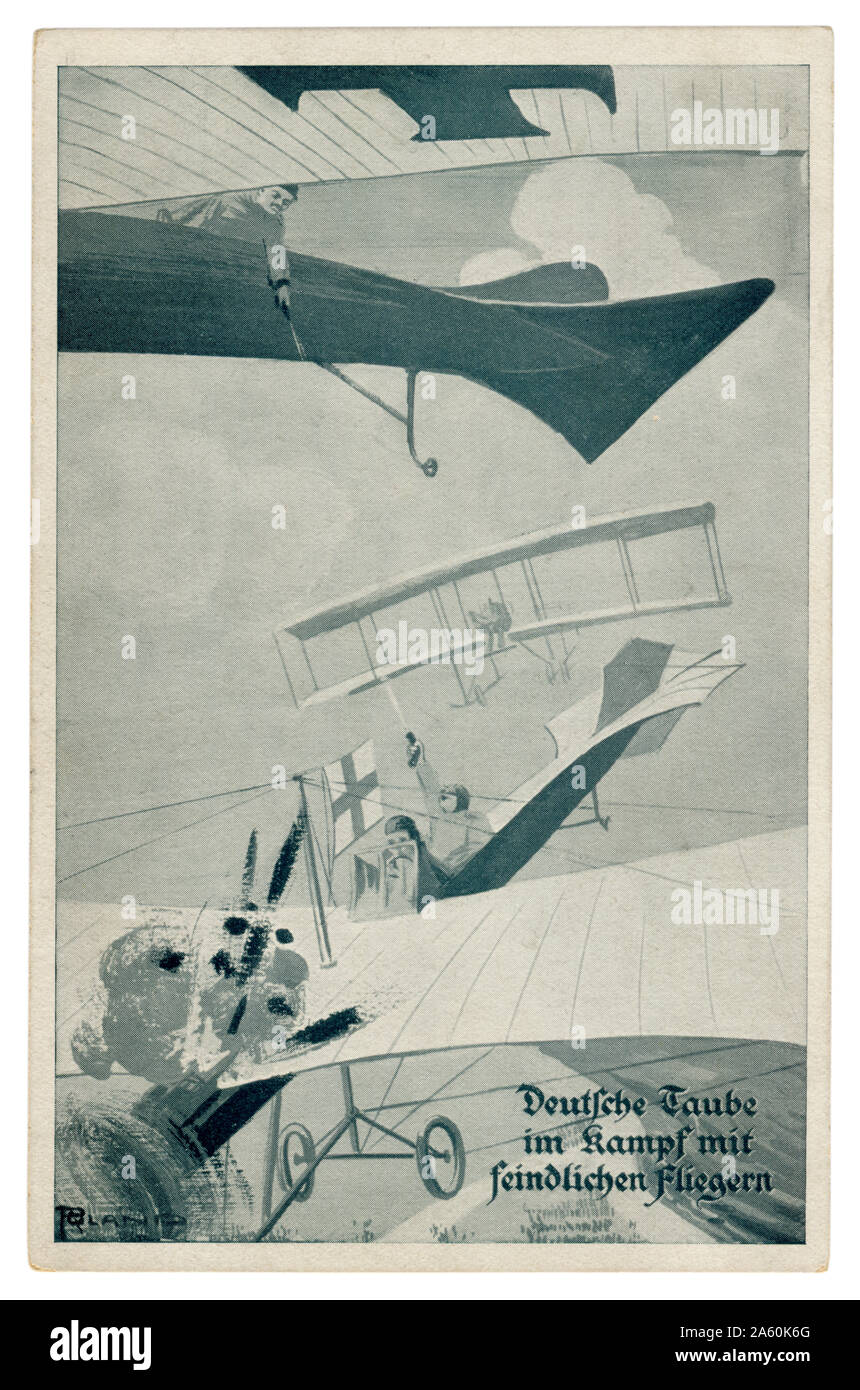 Carte postale historique allemand : bataille de l'air à l'aube de l'aviation : duel au pistolet les pilotes de deux avions, avion ennemi en feu, la première guerre mondiale 1914-1918. Banque D'Images