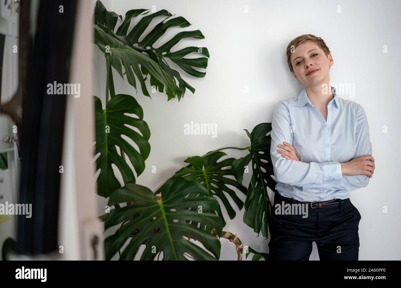 Portrait of a confident businesswoman standing à un mur à côté d'une plante Banque D'Images