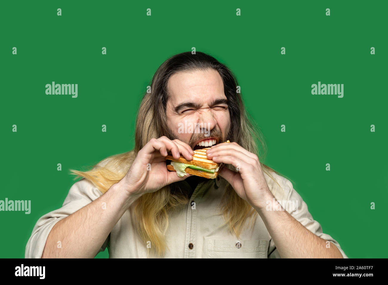 Portrait d'homme barbu eating sandwich en face de fond vert Banque D'Images