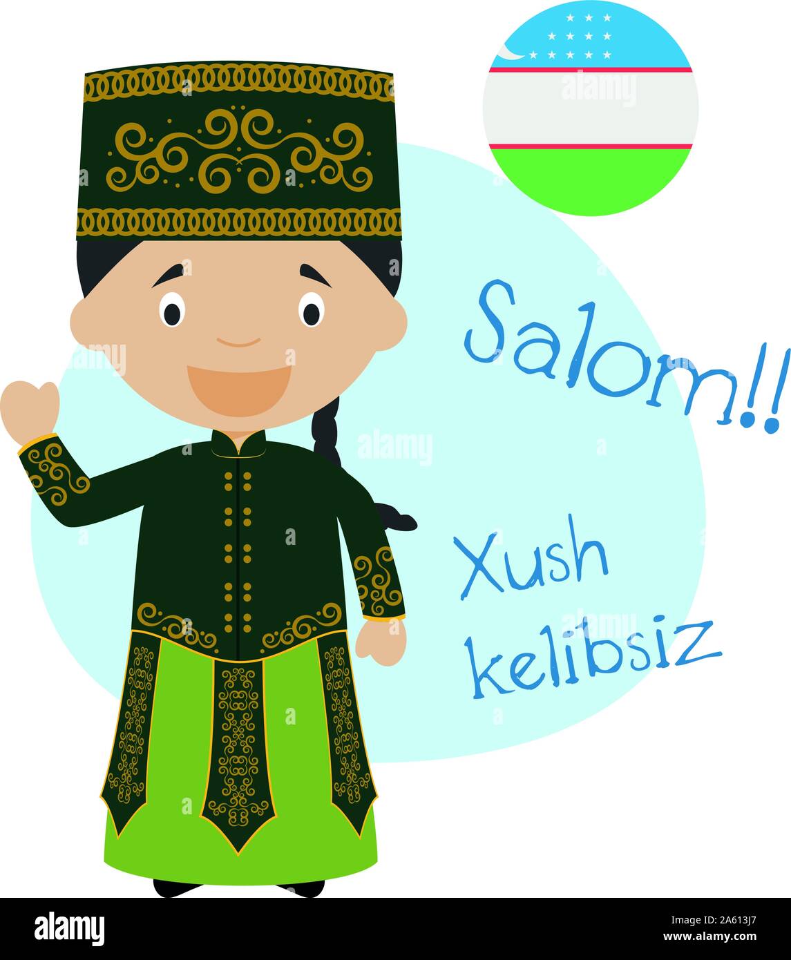 Vector illustration du personnage de dire bonjour et bienvenue en ouzbek Illustration de Vecteur