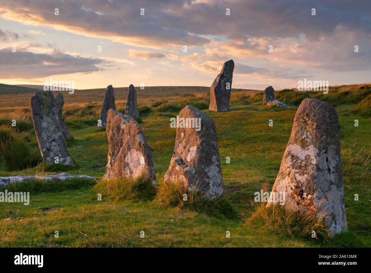 Scorhill cercle de pierres mégalithiques dans le Dartmoor National Park, Devon, Angleterre, Royaume-Uni, Europe Banque D'Images