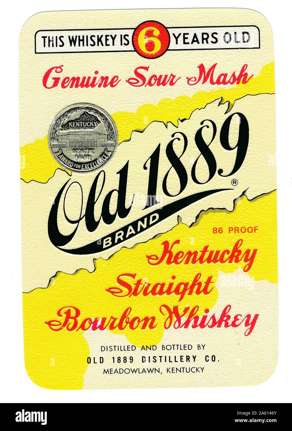 Label vintage pour une bouteille de 'Old 1889 Brand, Kentucky Straight Bourbon Whiskey, ' avec un Kentucky State Fair Award pour l'excellence, fabriqué par la Old 1889 Distillery Company, Meadowlawn, Kentucky, 1955. () Banque D'Images