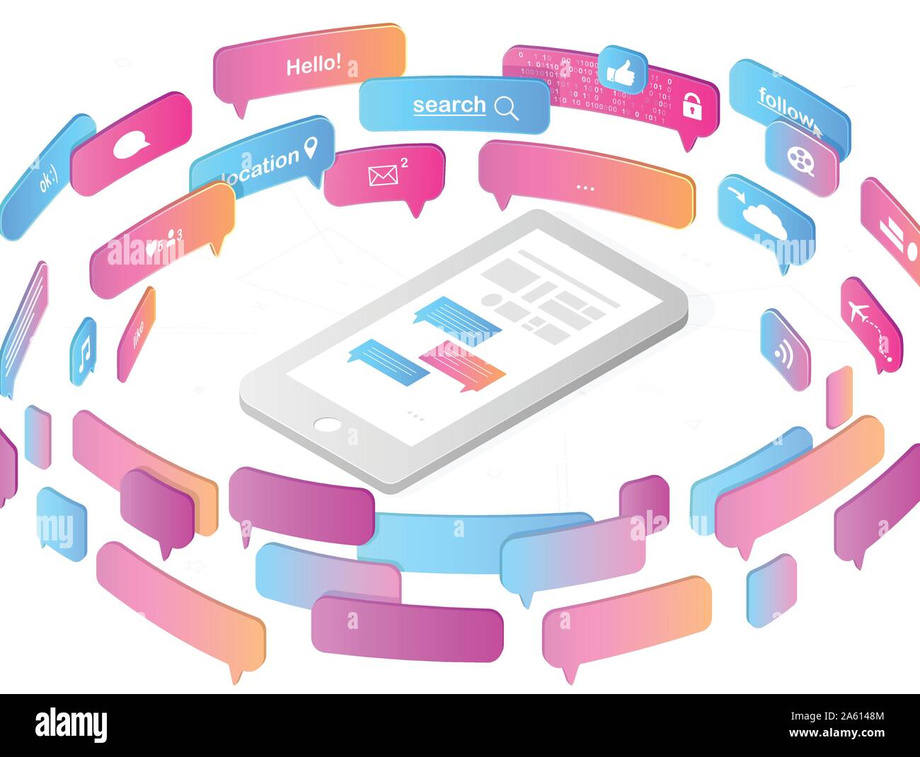 Social media concept isométrique. Pour l'envoi de publications du Smartphone et leur partage dans les médias sociaux, le magasinage en ligne la lecture des nouvelles et des sms message à ven Illustration de Vecteur