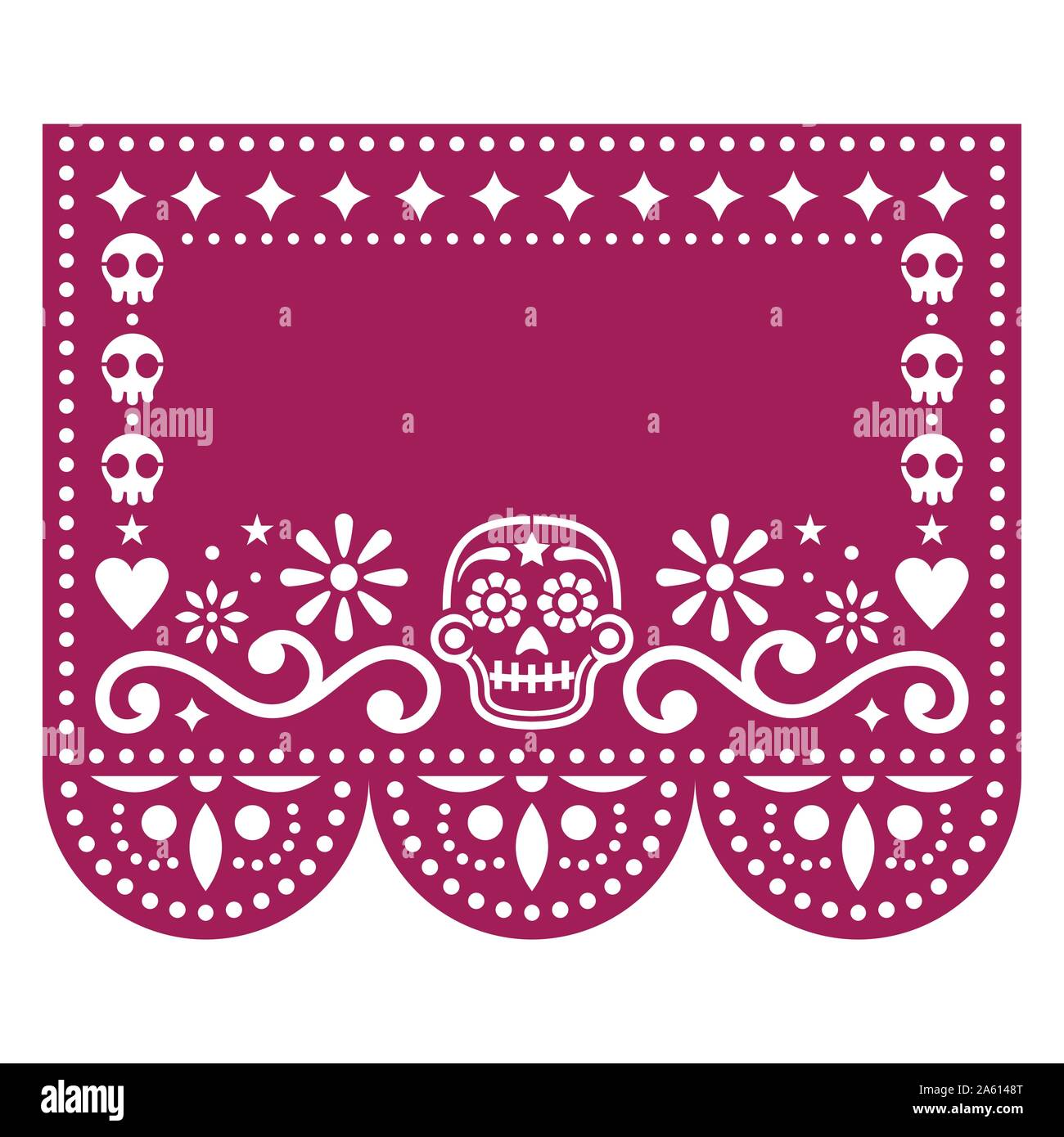 Papel Picado modèle de conception avec des crânes de sucre, découper le papier mexicain garland contexte parfait pour l'Halloween et le Jour des Morts Illustration de Vecteur