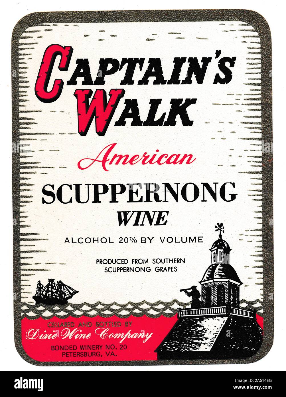 Étiquette vintage pour une bouteille de vin de scuppernong « Captain's Walk », en bouteille par la Dixie Wine Company, Petersburg, Virginie, 1945. () Banque D'Images