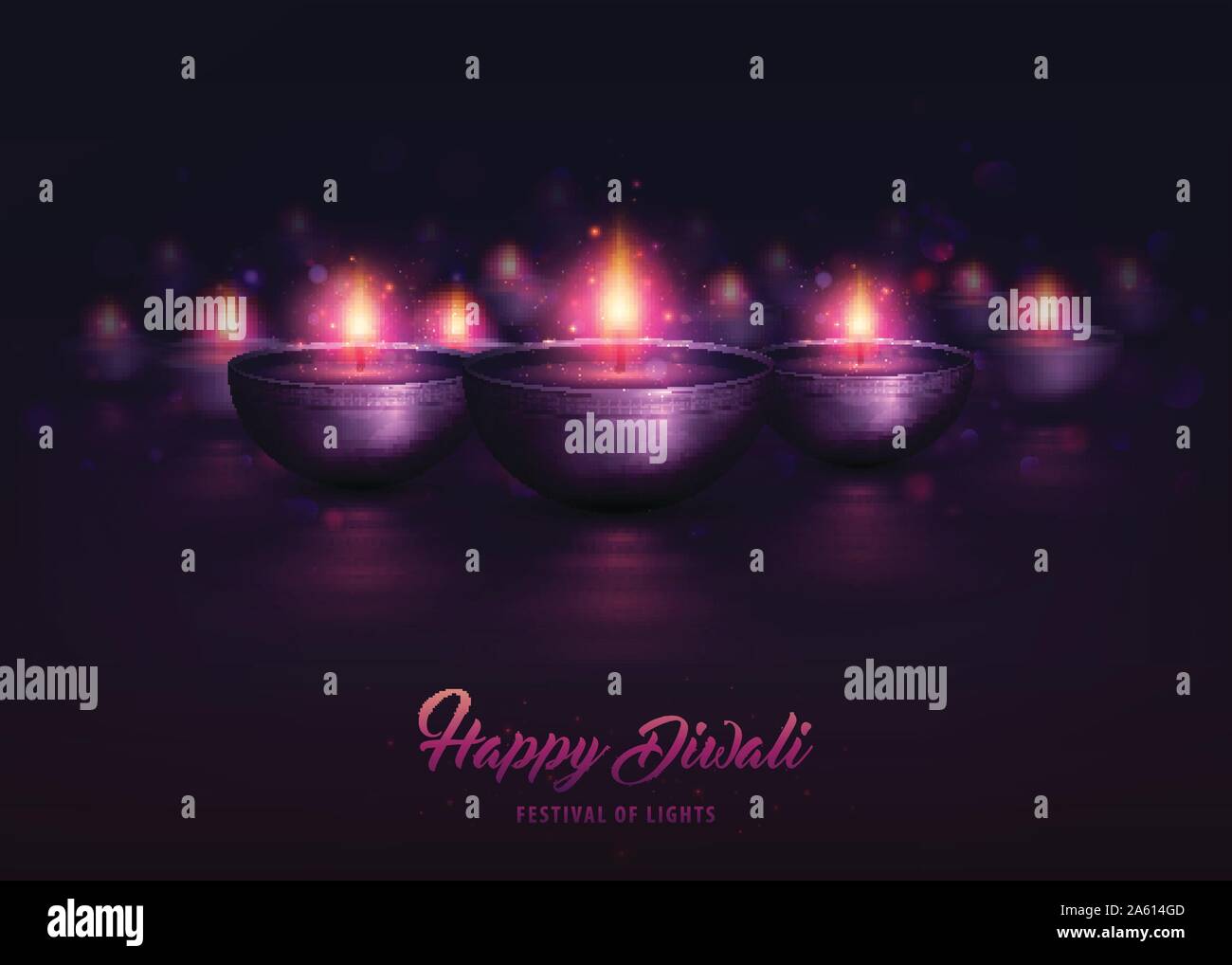 Happy Diwali, le festival de l'affiche. Lampes créatives avec ornement décoratif et brûlant diya. Arrière-plan de couleur pourpre brillant lumineux avec lampes à huile f Illustration de Vecteur