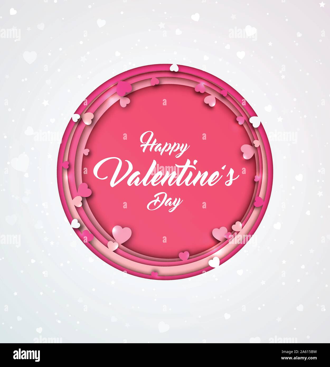 Happy Valentines Day poster. Belle carte de souhaits pour les vacances et jour de fête des amoureux. Jolie carte postale avec des formes en papier multicouche coloré wi Illustration de Vecteur