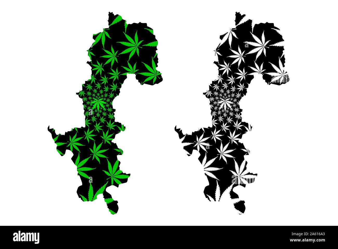 La province de Mae Hong Son (Royaume de Thaïlande, Siam, Provinces de la Thaïlande) la carte est conçue de feuilles de cannabis vert et noir, Mae Rong fils carte de marij Illustration de Vecteur