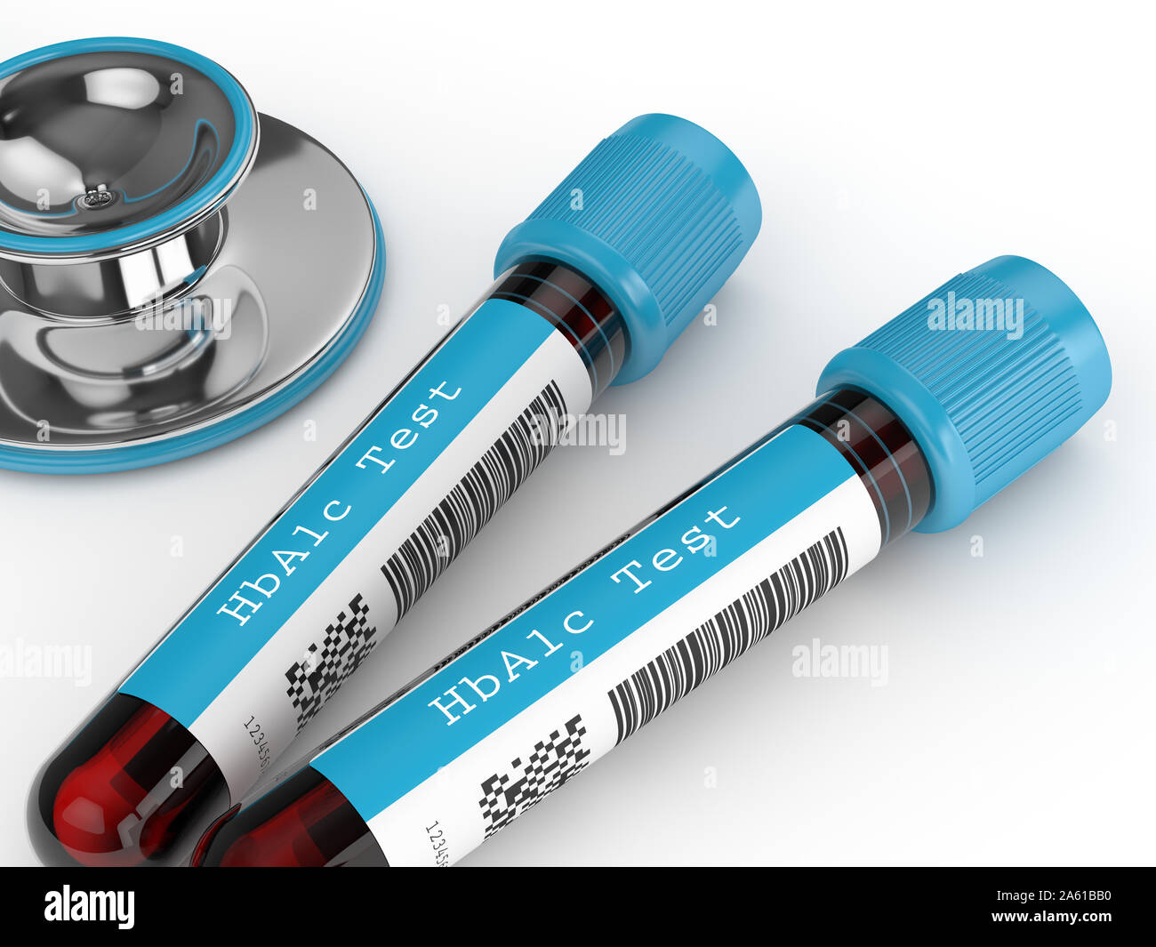 Le rendu 3D de l'HbA1c les tubes de prélèvement sanguin avec stéthoscope  sur fond blanc. Pour tester le concept du diabète Photo Stock - Alamy
