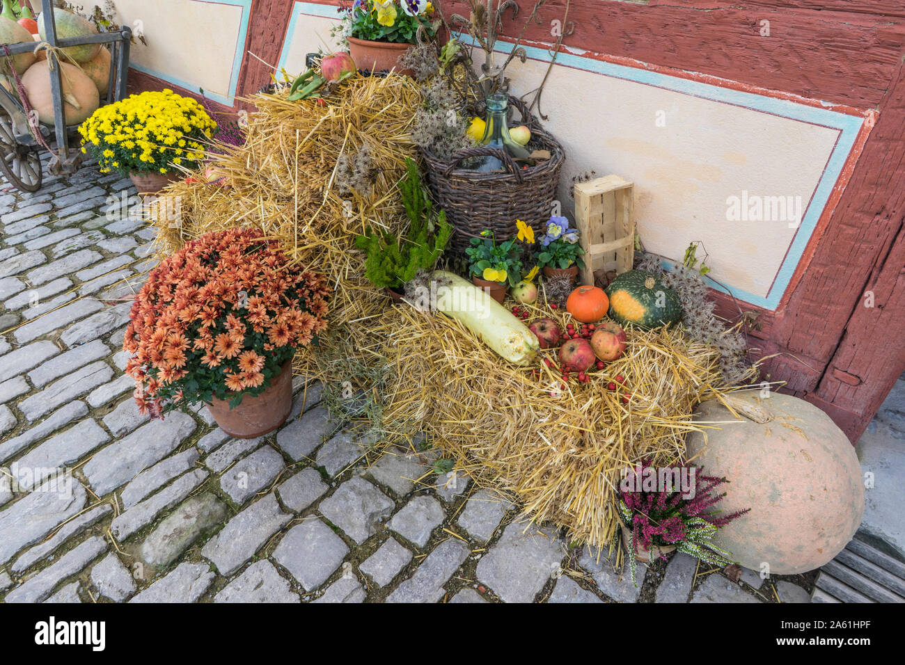 Bad Windsheim, Allemagne - 16 octobre 2019 : vue sur le sol en pierre et décoration d'automne avec des fleurs, les citrouilles et les fruits Banque D'Images