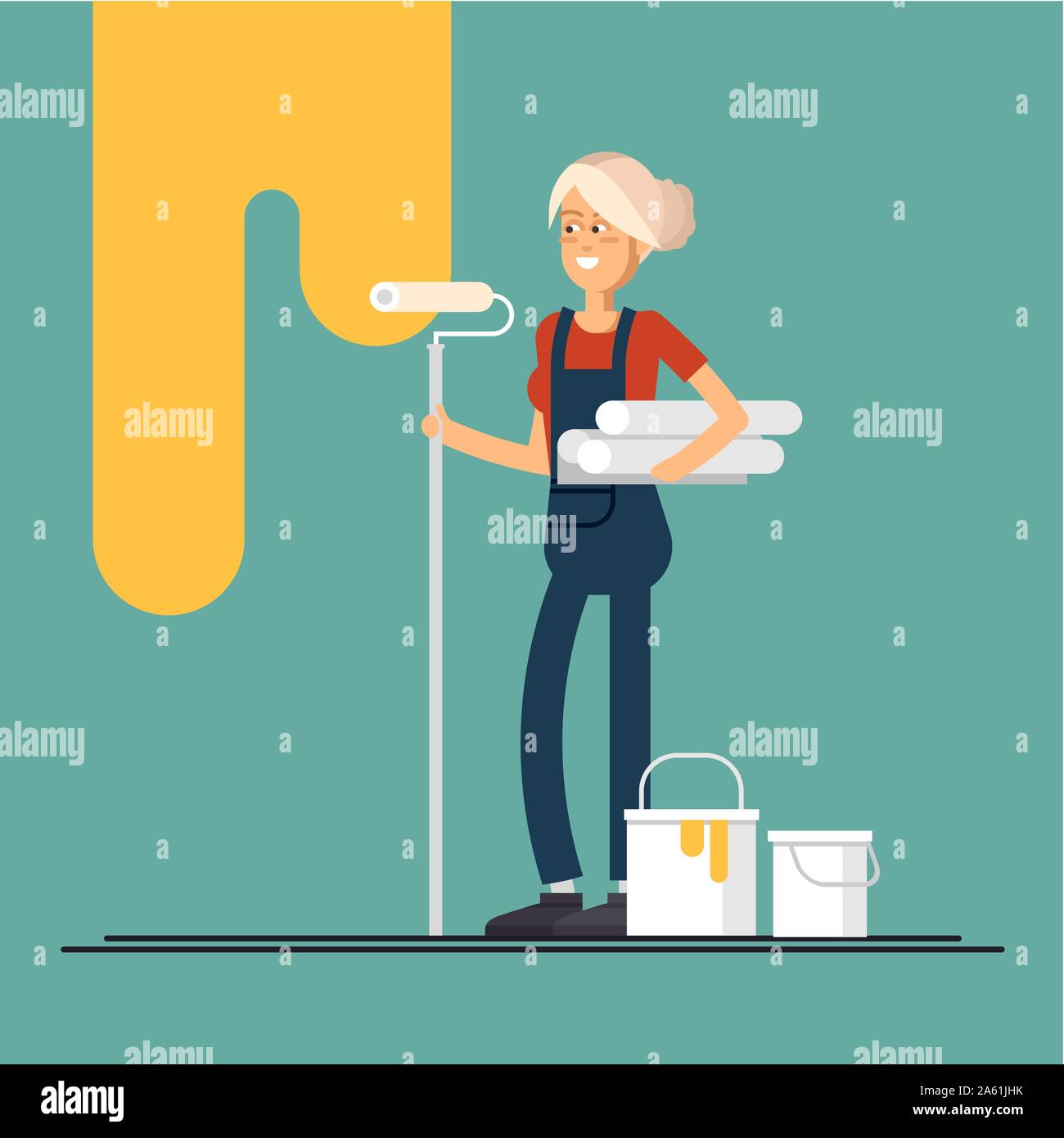 Jeune femme peintre vector télévision caractères avec l'équipement de peinture. Femme friendly smiling workers dans vêtements isolés un rouleau de holding Illustration de Vecteur