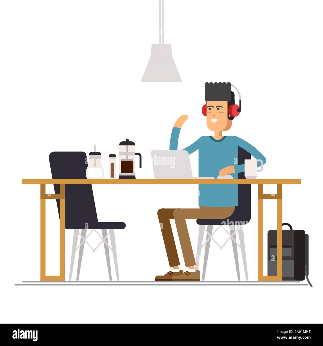 Vector illustration de télévision jeune homme assis dans le café avec ordinateur portable. Jeune personnage masculin offres assis dans un café et travailler sur Illustration de Vecteur