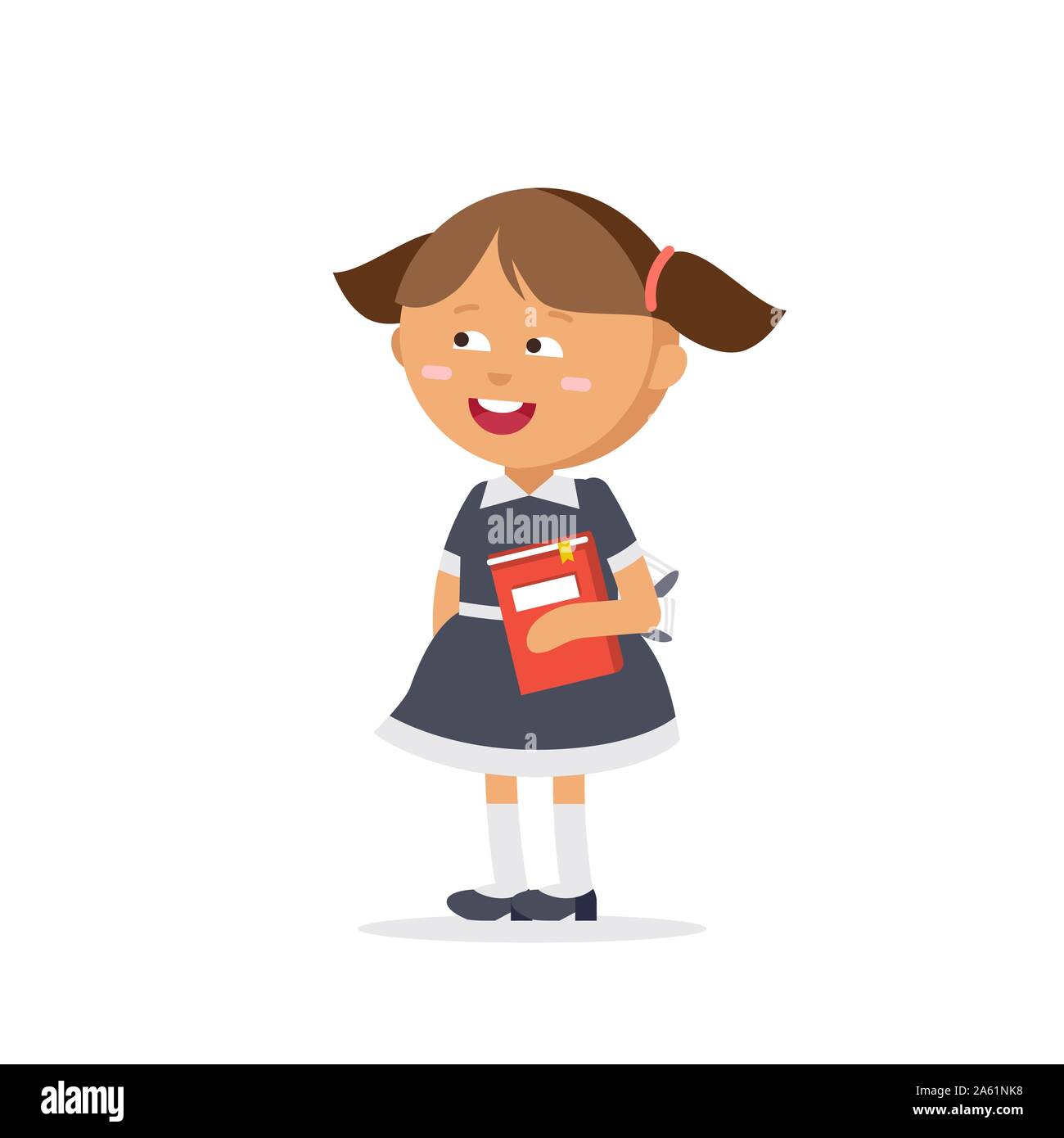 Élève vêtu de l'uniforme est tenue de manuels scolaires. Télévision illustration de jeune fille. Happy kid prêt revenir à l'école. Illustration de Vecteur