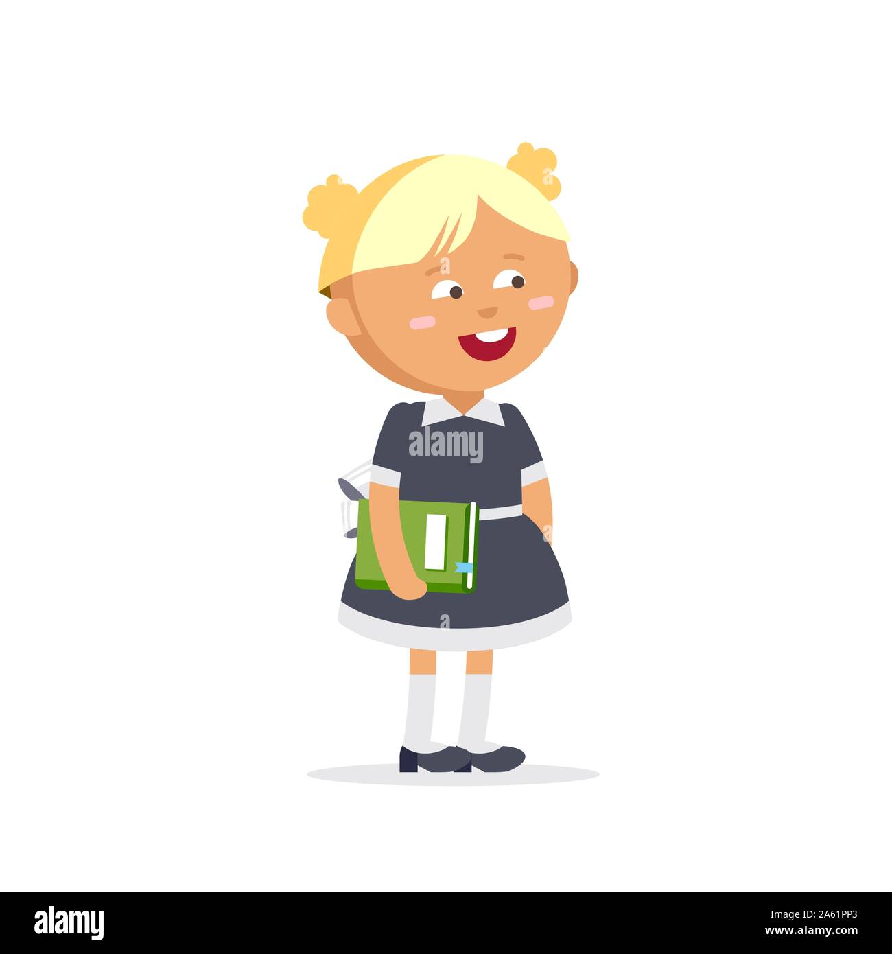 Élève vêtu de l'uniforme est tenue de manuels scolaires. Télévision illustration de jeune fille. Happy kid prêt revenir à l'école. Illustration de Vecteur