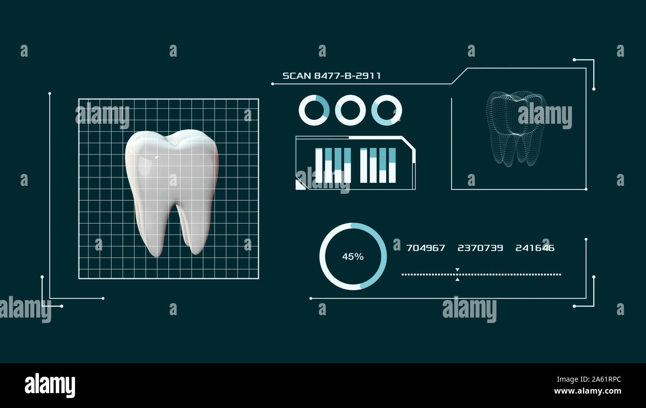 Et une dent de l'interface du logiciel de numérisation, concept de l'art dentaire et de la technologie (3d render) Banque D'Images