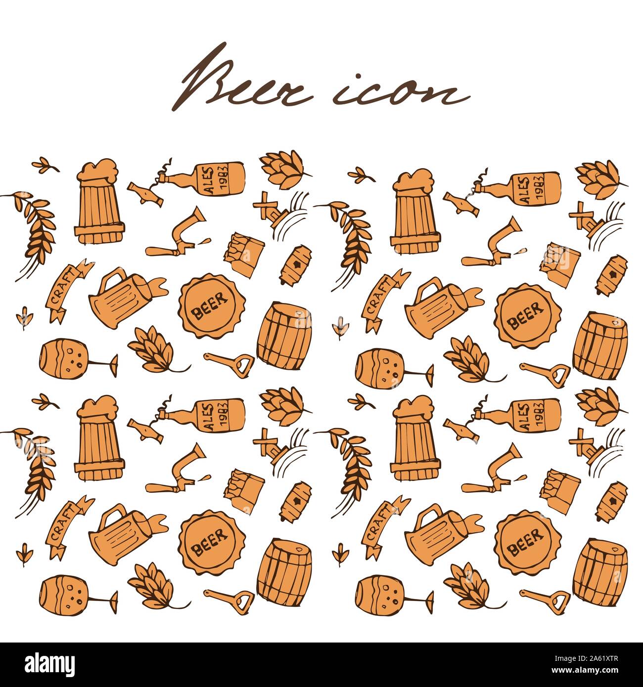 Ensemble d'icônes doodle connexes de la bière. Des croquis dessinés à la main. Vector illustration isolé. Illustration de Vecteur