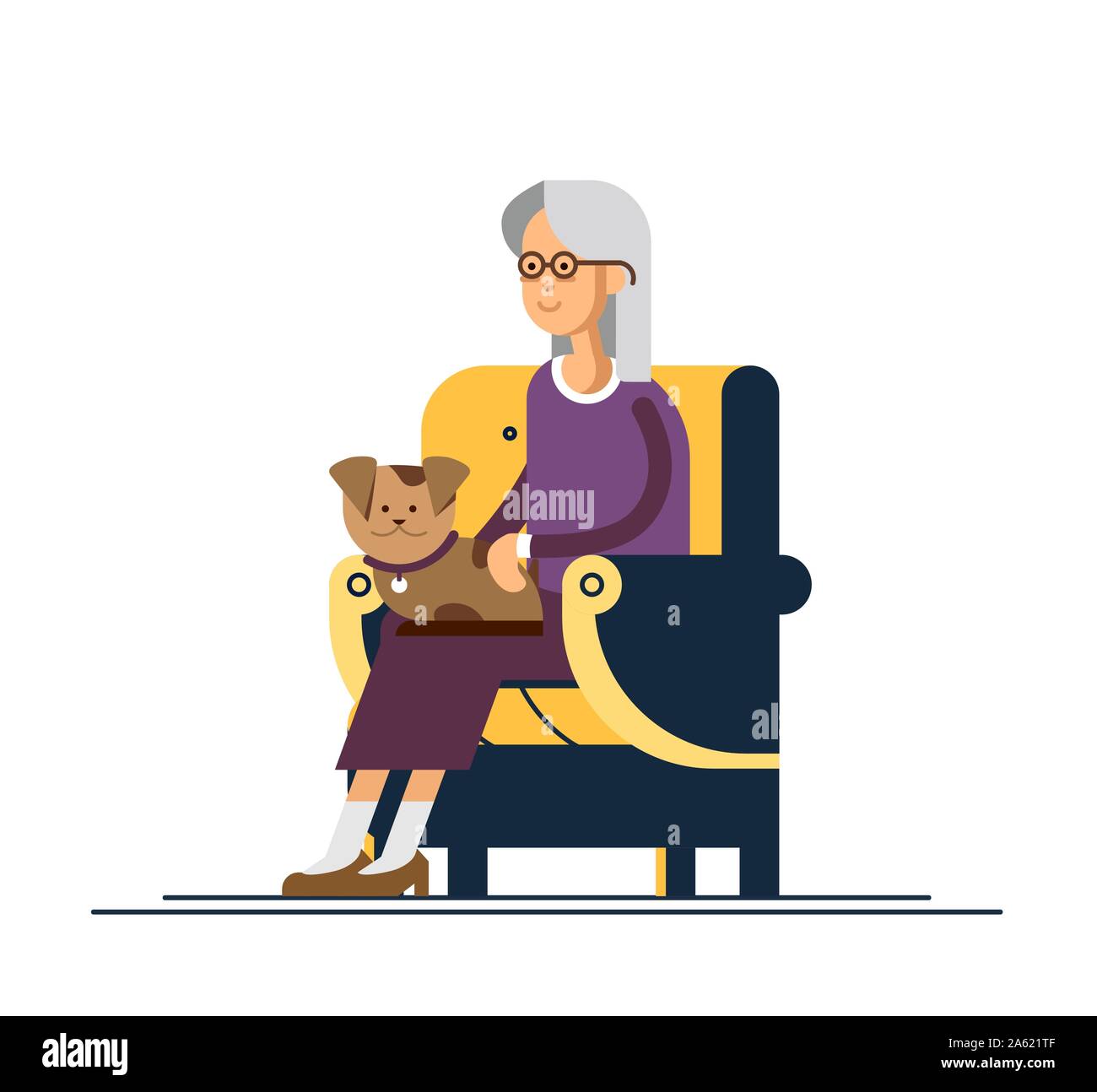 Grand-mère assis sur chaise confortable et garder le chiot sur les genoux. Vector illustration d'un modèle plat. Vieille Femme à la retraite Illustration de Vecteur