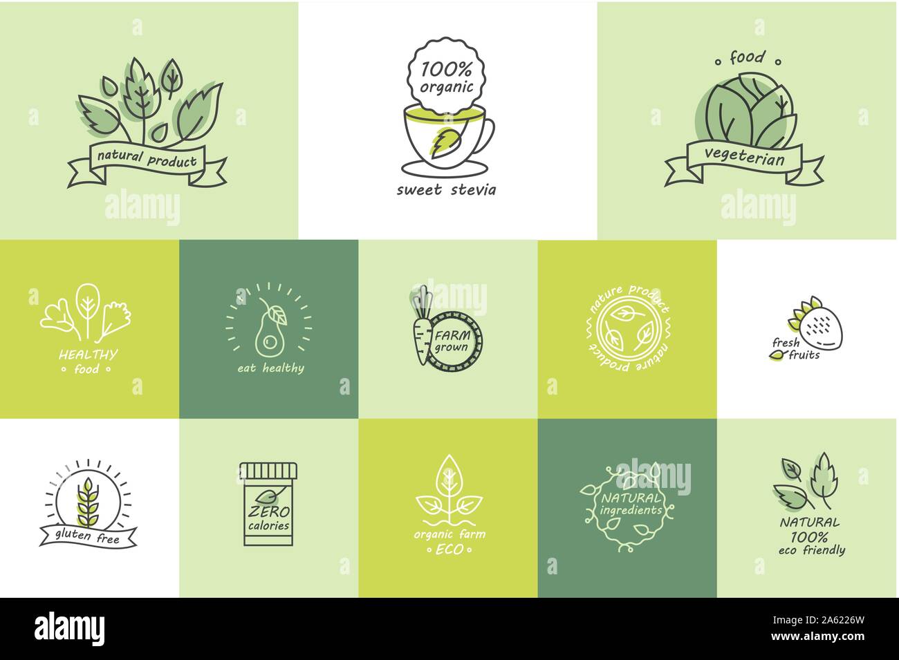 Vector set de produits biologiques les étiquettes et badges - collection de différentes icônes et illustrations relatives à des aliments frais et sains, naturels, -vegan Illustration de Vecteur