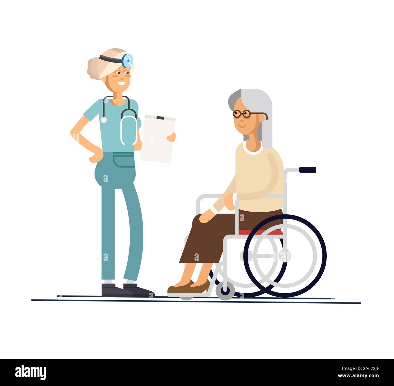 Femme médecin aide sa grand-mère pour aller à la Walker. Soins aux personnes âgées. Vector illustration dans un style plat Illustration de Vecteur