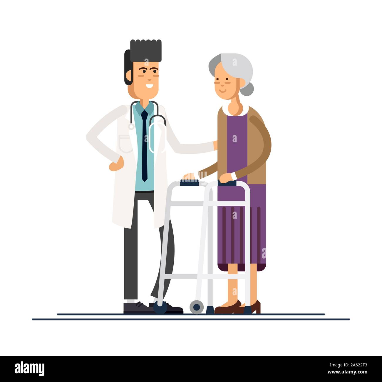 Médecin homme aide sa grand-mère pour aller à la Walker. Soins aux personnes âgées. Vector illustration dans un style plat Illustration de Vecteur