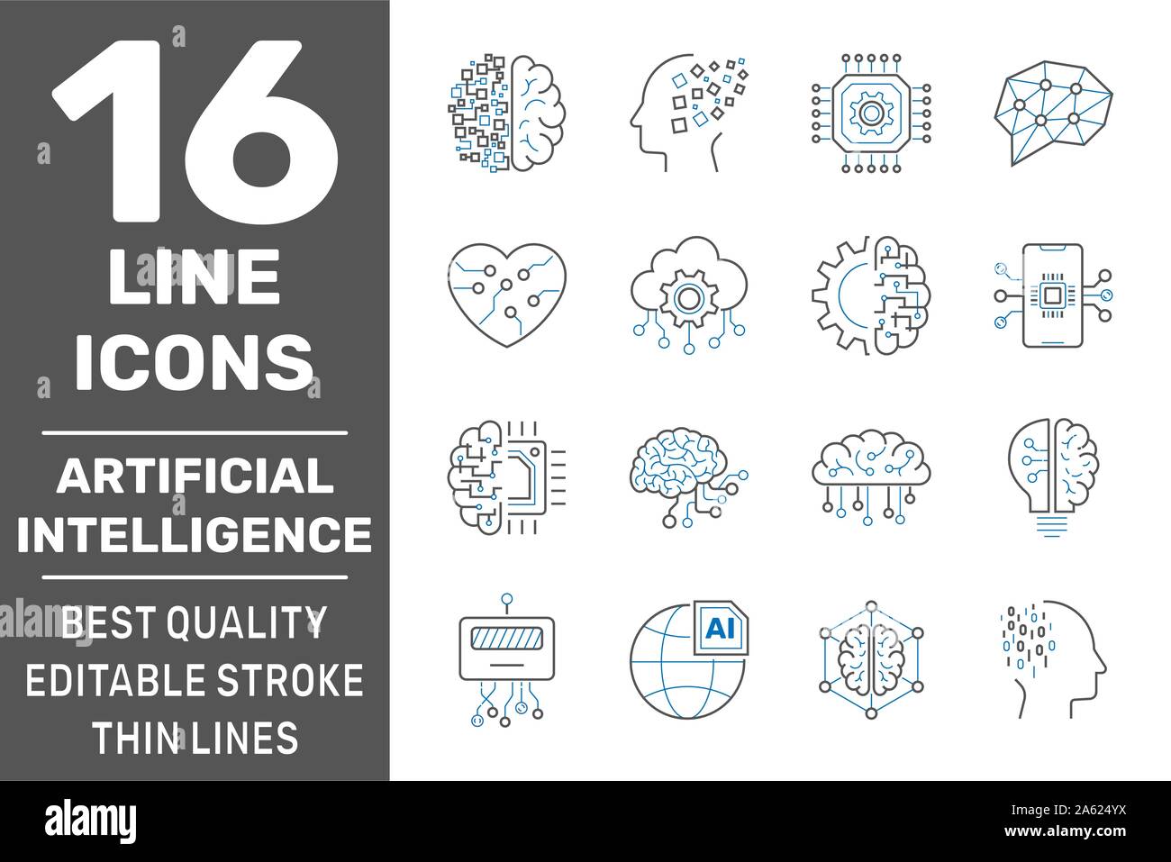 Icônes de ligne de l'intelligence artificielle. Jeu de cerveau, robot, ia, chef, technologie et plus encore. Avc. modifiable EPS 10 Illustration de Vecteur