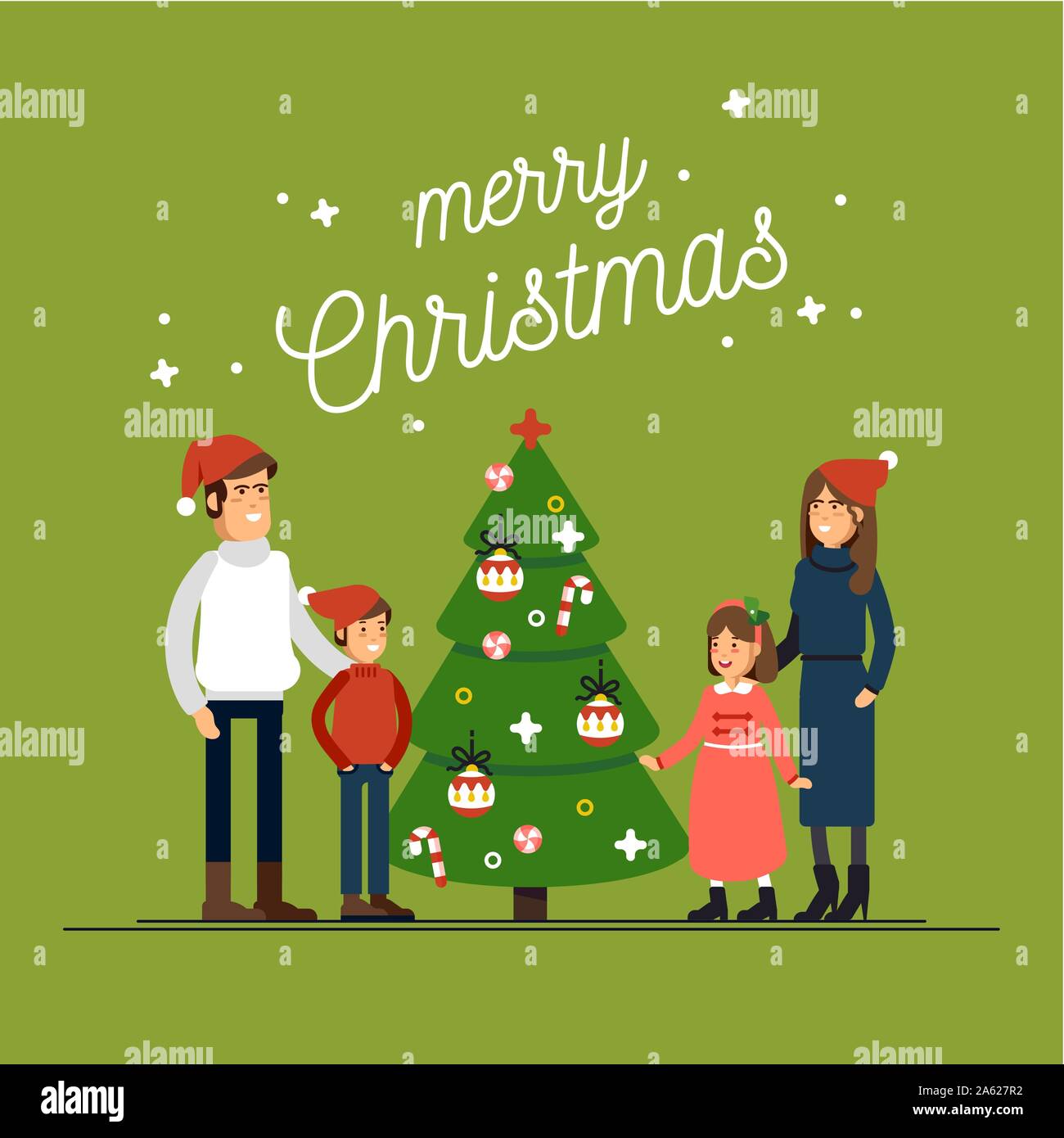 Happy Family in Christmas hats hugging ont. Les parents dont les enfants se tenant ensemble maintenant chaque autres. Célébration d'hiver Illustration de Vecteur