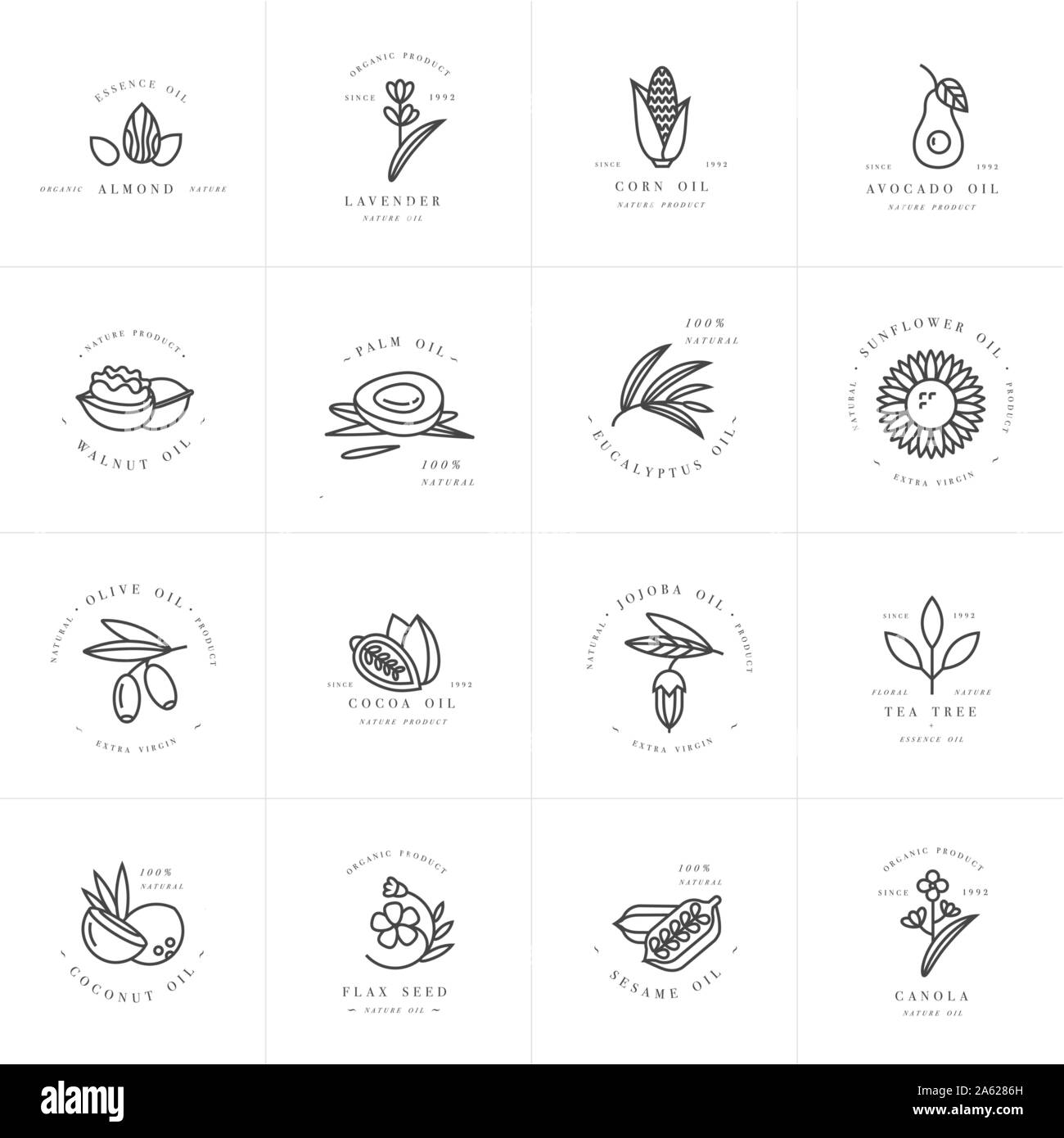 Modèles et emblèmes Vector Set - huiles saines et cosmétiques. Différentes huiles naturelles et organiques. Illustration de Vecteur