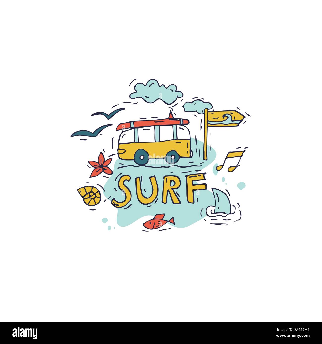 Collection de surf et de vacances d'été pour dessiner à la main. Tourisme et vacances. Illustration de Vecteur