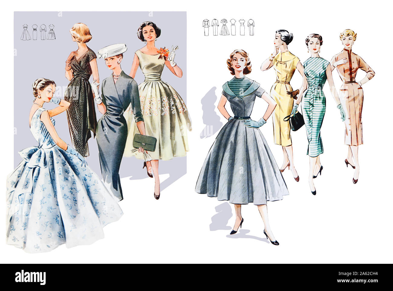 S'habiller de soie et laine pour les femmes, isolé sur blanc. Fashion 1958-1959 Banque D'Images