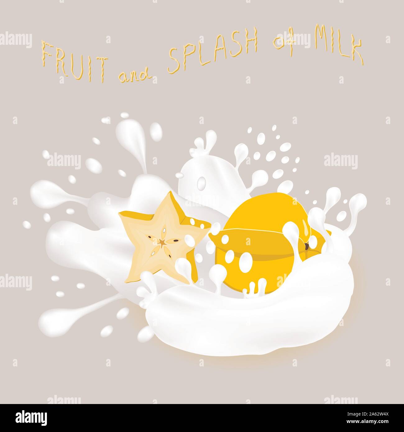 Abstract vector illustration logo pour l'icône jaune fruit mûr carambole, touche de goutte du lait blanc. Сarambola est constituée de débit de perfusion d'éclaboussures Illustration de Vecteur