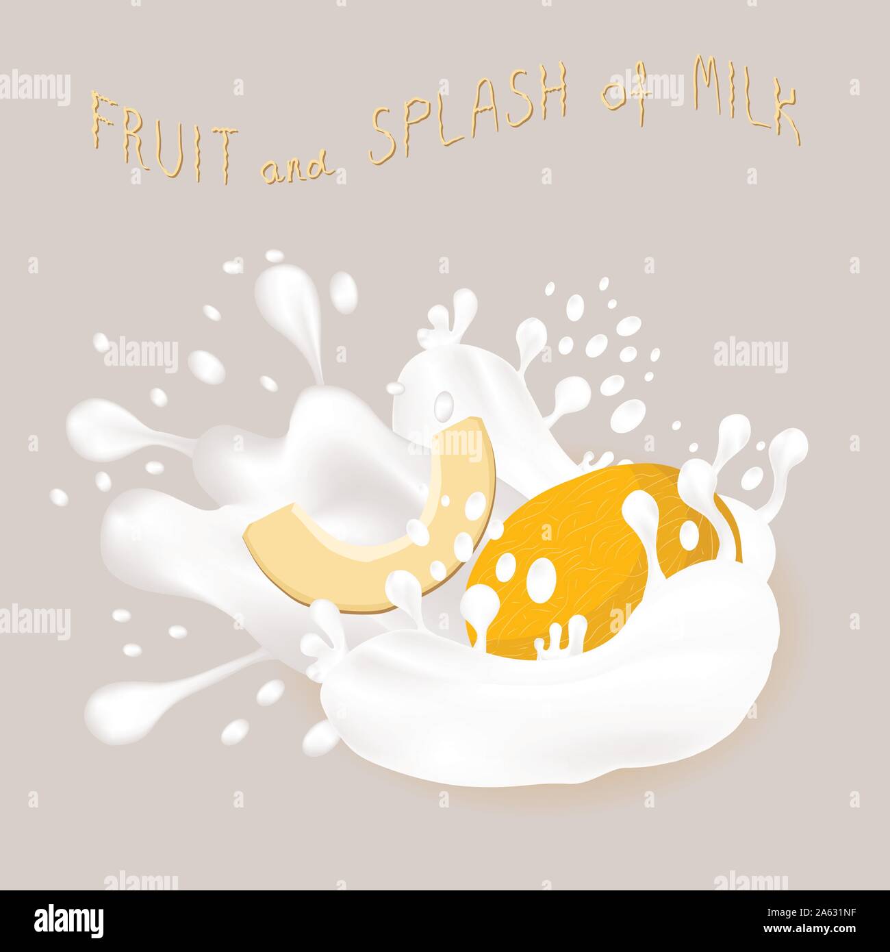 Abstract vector illustration logo pour l'icône jaune fruit mûr melon de miel, splash de descente du lait blanc. Le melon est constituée de débit de perfusion éclaboussures li Illustration de Vecteur