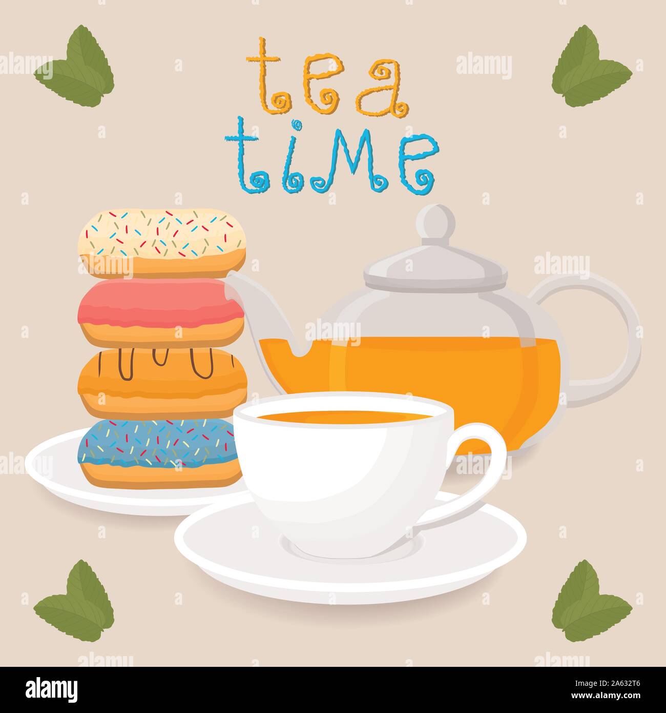 Vector illustration logo pour tasse en céramique blanche, théière en verre, verre sur soucoupe, donut. Modèle de tasse de thé en porcelaine, tasses à café plateau transparent Illustration de Vecteur