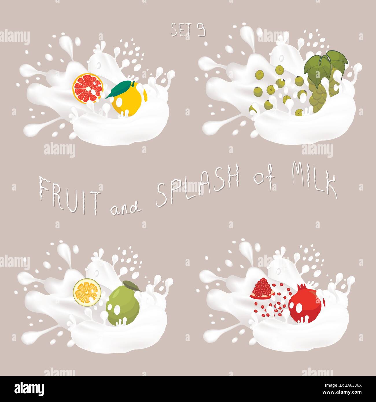 Icône vecteur logo illustration pour les fruits, raisin, pamplemousse pomélo, grenat, splash de descente du lait blanc. Profil de pamplemousse goutte d'éclaboussures de lait. Manger fr Illustration de Vecteur