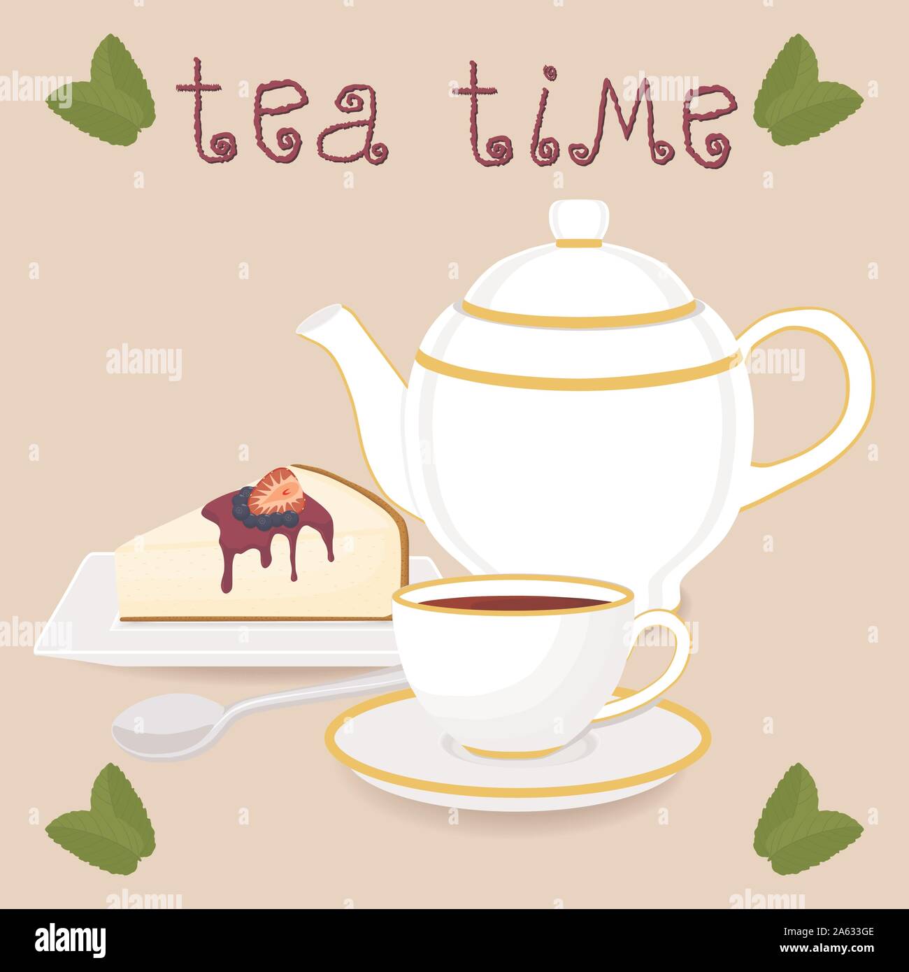 Vector illustration pour la tasse en céramique blanche, théière, tasse, soucoupe sur slice berry cheesecake. Modèle de tasse de thé en porcelaine de brassées dans les tasses, théière, c Illustration de Vecteur