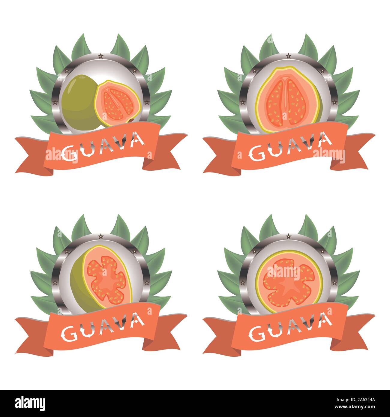 Abstract vector illustration icône logo pour ensemble de fruits mûrs, de goyave verte la moitié de la coupe. La goyave est constituée de l'étiquette de la carte, natural design sign tropi Illustration de Vecteur