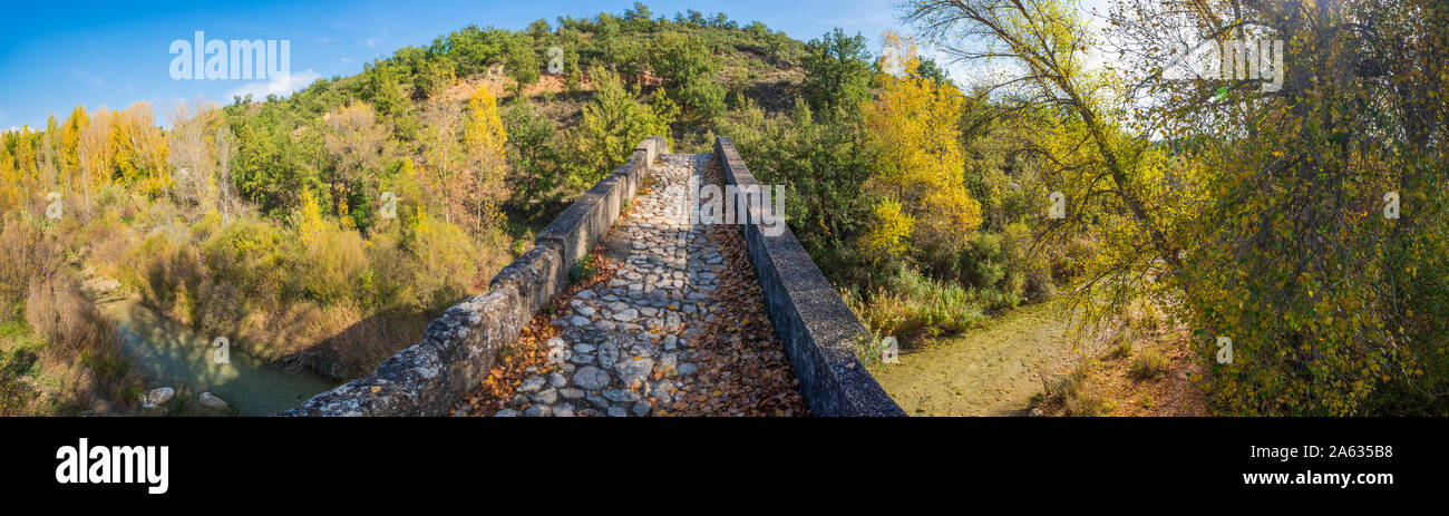 Ancien pont sur la rivière Vero. Alquezar, Somontano. Aragon, Espagne Banque D'Images