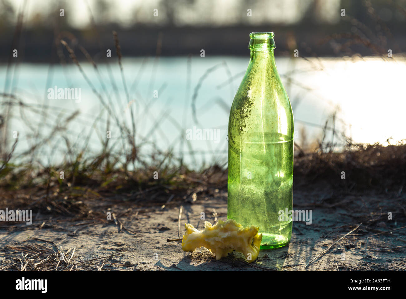 Close-up d'une bouteille de verre sale dans la forêt à côté de laquelle se trouve un stub de apple. La pollution de l'environnement concept. Banque D'Images