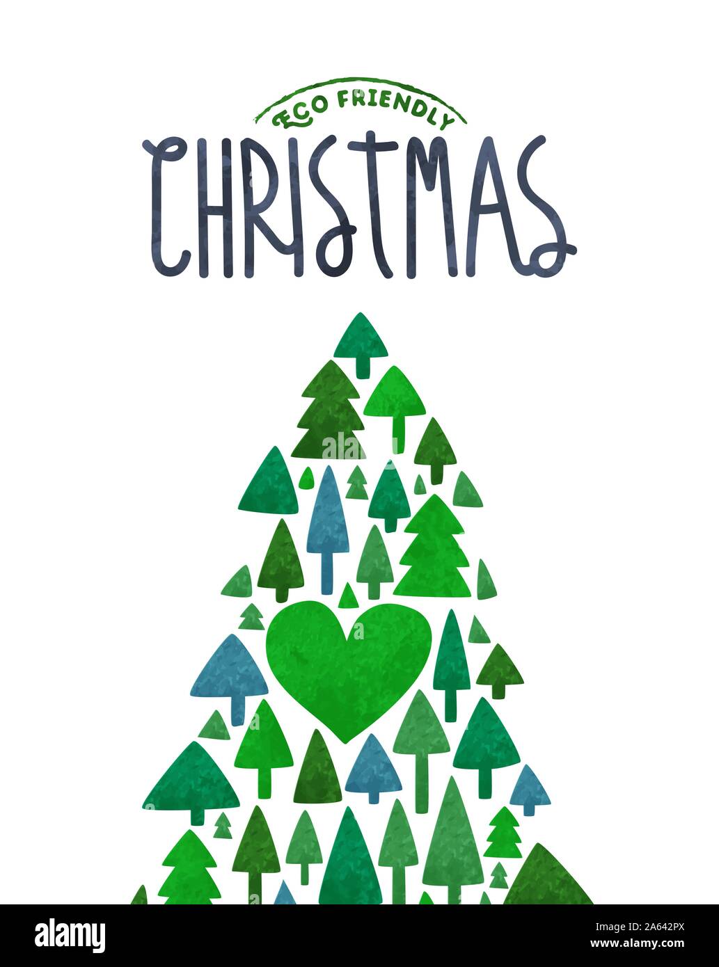 Joyeux Noël eco friendly Greeting card durable illustration de l'arbre de Noël fait maison avec mignon aquarelle vert plantes pin. Illustration de Vecteur