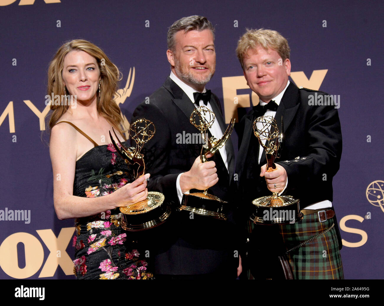 71e Emmy Awards (2019) Salle de presse tenue au Théâtre de Microsoft à Los Angeles, Californie. Comprend : Annabel Jones, Charlie Brooker, Russell McLean, Emmy gagnants pour la télévision en suspens pour 'Film Bandersnatch' Où : Los Angeles, California, United States Quand : 22 Sep 2019 Credit : Adriana Barraza M./WENN.com Banque D'Images