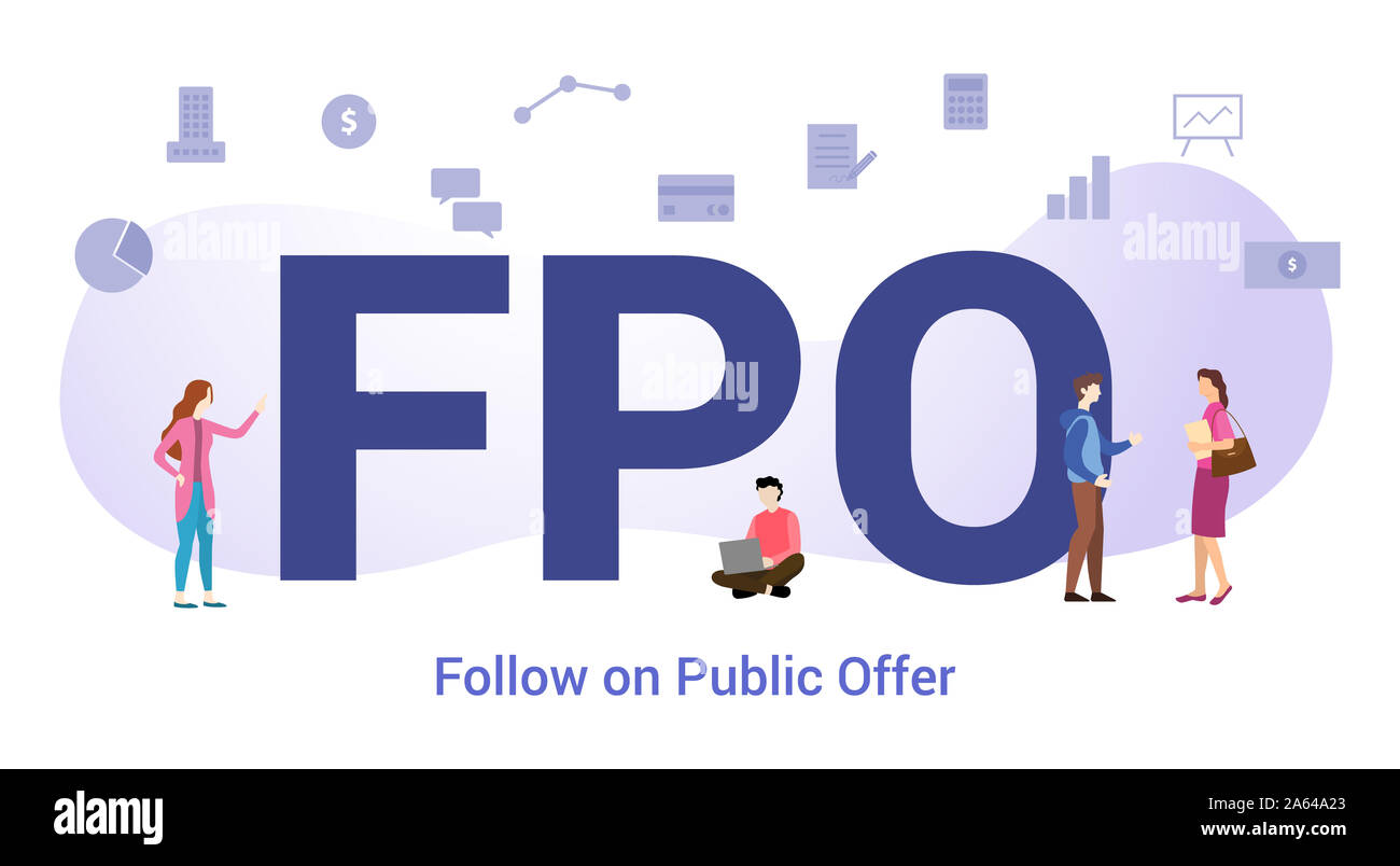 L'opf follow sur concept de l'offre publique avec grand mot ou texte et de l'équipe de personnes avec une télévision moderne style - vector Banque D'Images L'opf follow sur concept de l'offre publique avec grand mot ou texte et de l'équipe de personnes avec une télévision moderne style - vector Banque D'Images