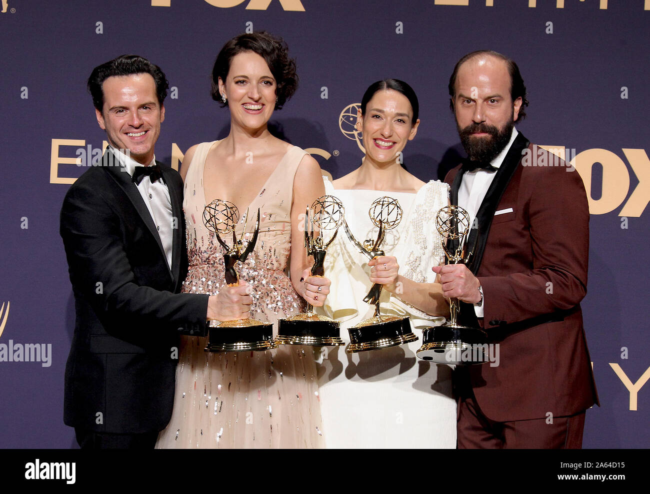 71e Emmy Awards (2019) Salle de presse tenue au Théâtre de Microsoft à Los Angeles, Californie. Avec : Andrew Scott, Phoebe Waller-Bridge, Sian Clifford, Brett Galman, Emmy gagnants pour une série comique pour "Fleabag' Où : Los Angeles, California, United States Quand : 22 Sep 2019 Credit : Adriana Barraza M./WENN.com Banque D'Images