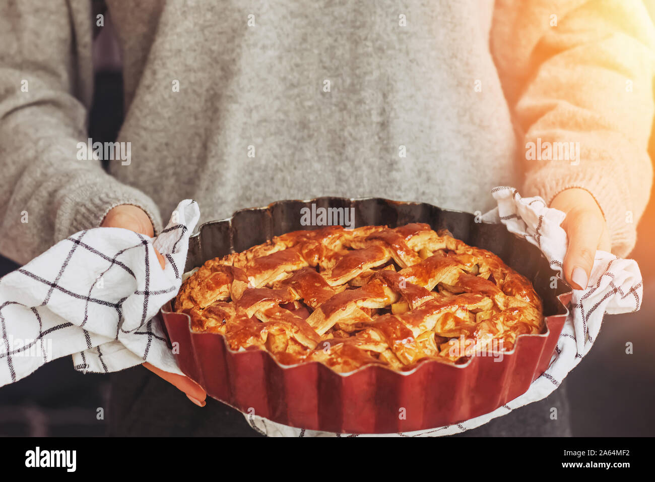 Woman's hands holding fresh baked apple pie maison Banque D'Images