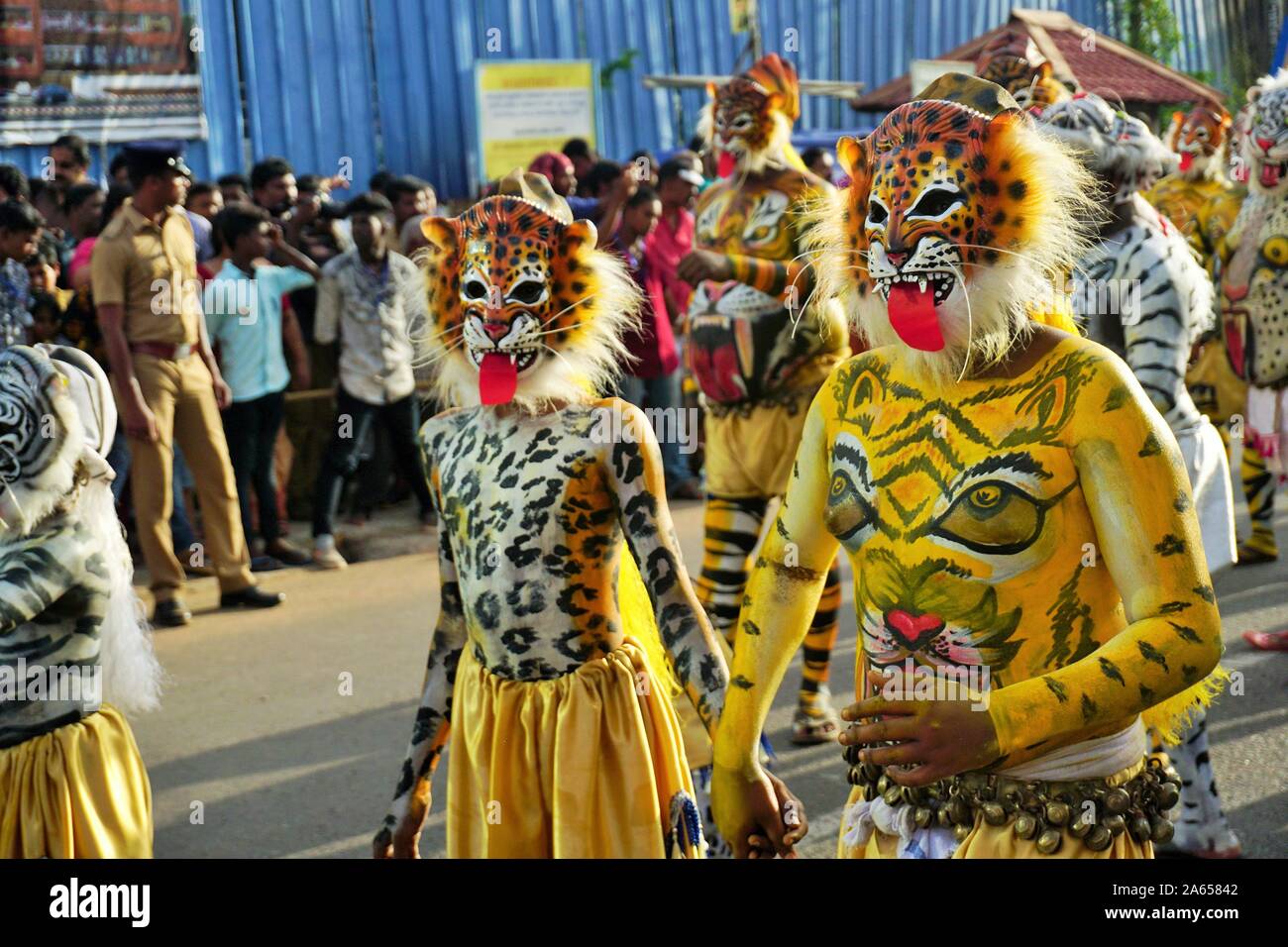 Pulikali Tiger Dance procession, Onam festival, Thrissur, Kerala, Inde, Asie Banque D'Images