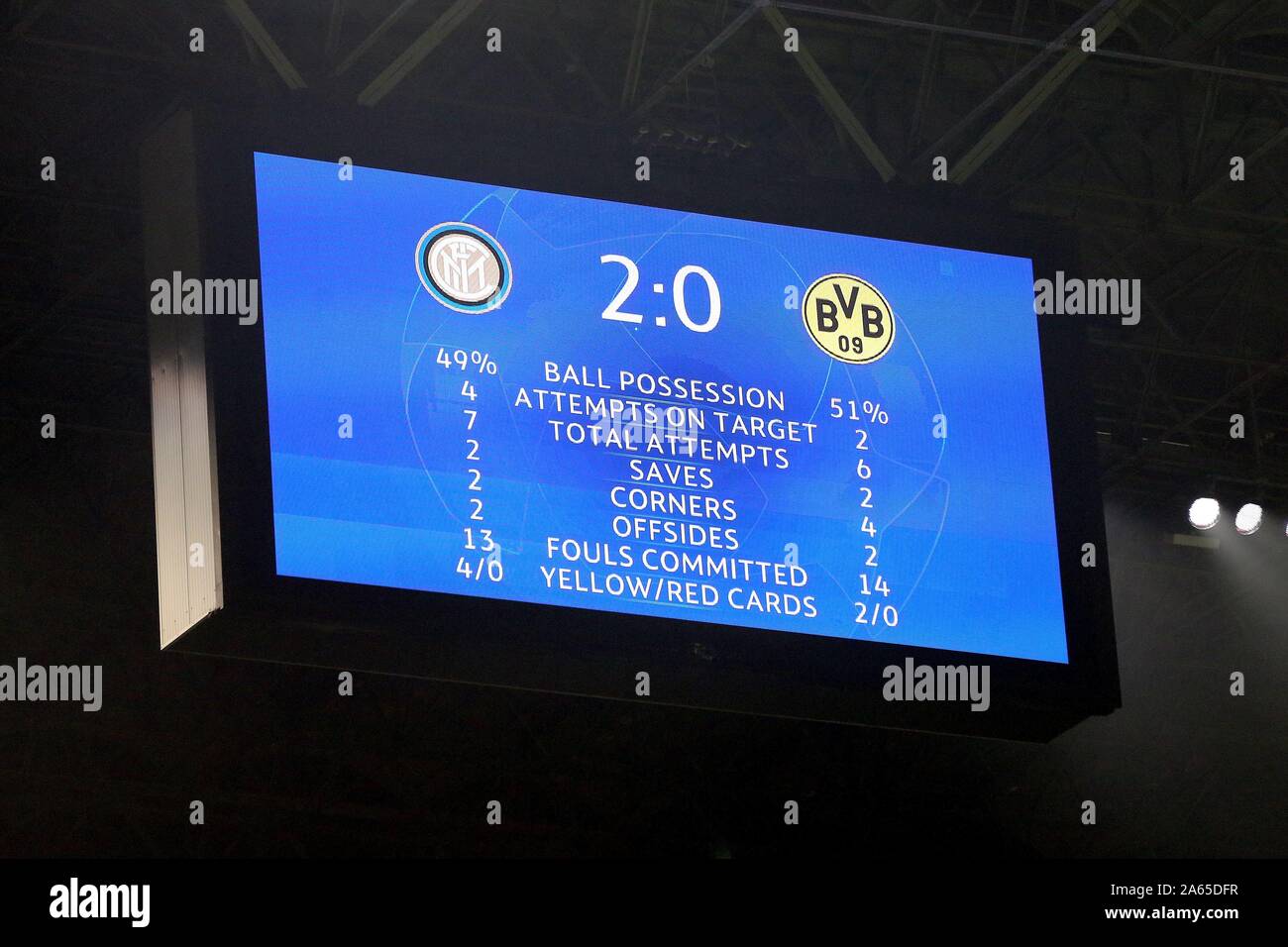 Milan, Italie. 23 Oct, 2019. firo : 23.10.2019, football, Ligue des Champions, saison 2019/2020, 3e match de l'Inter Milan - Borussia Dortmund, Borussia Dortmund, Borussia, BVB, l'Inter Milan, Inter, Milan, tableau de bord, Entité, général, l'utilisation de crédit dans le monde entier | : dpa/Alamy Live News Banque D'Images