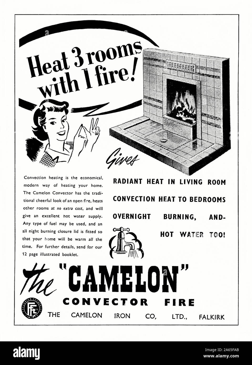 Publicité pour le 'Camelon' feu convecteur (ou retour) de la chaudière, 1951. L'illustration et de copie indique que le feu à combustible solide démontré se chauffer trois chambres supplémentaires à l'aide de convecteurs électriques tout en fournissant de l'eau chaude pour la maison. Le Camelon a été faite à Falkirk, Ecosse, Royaume-Uni. Une chaudière est un appareil de chauffage qui est monté derrière un foyer domestique, ce qui lui permet de fournir la chaleur à la chambre de convection ou via les unités fournissant de l'eau chaude des radiateurs plus. Banque D'Images