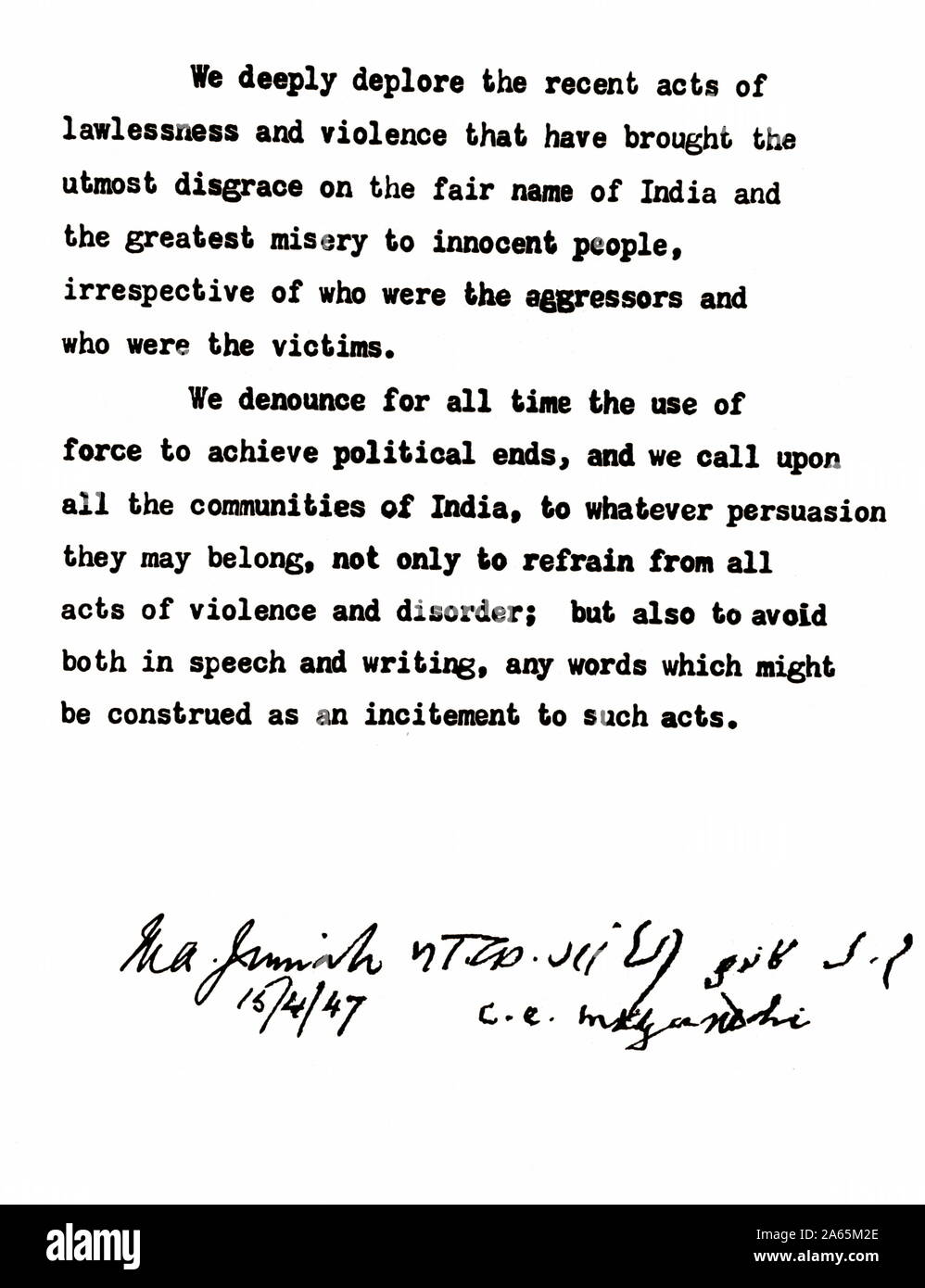 Appel pour la paix signé par Muhammad Ali Jinnah Mahatma Gandhi, Delhi, Inde, Asie, 15 avril, 1947 Banque D'Images
