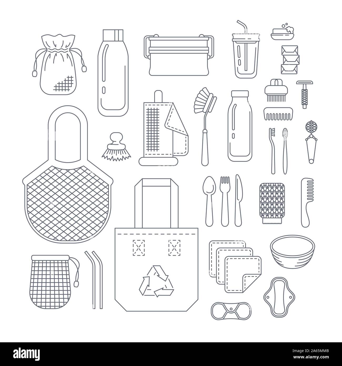 Zéro déchets eco friendly outils télévision ligne mince icons set. Contours vector illustration. Articles réutilisables pour la cuisine, le shopping et l'hygiène personnelle. Pla Illustration de Vecteur