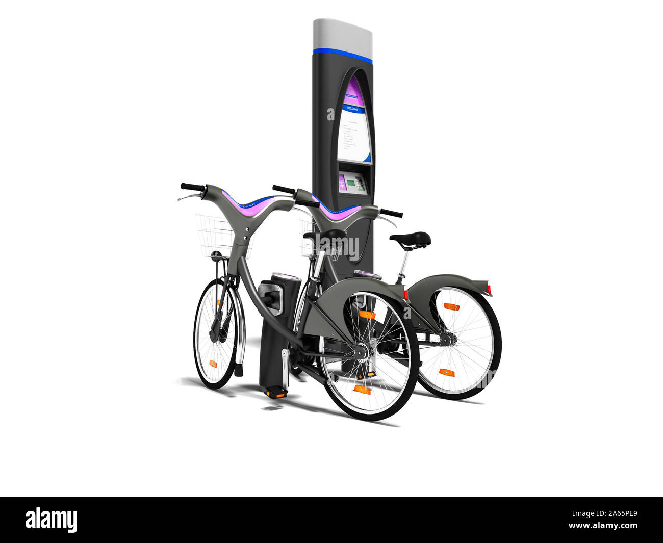 Louer un vélo à travers le téléphone pour un rendu 3D marche sur fond blanc avec ombre Banque D'Images